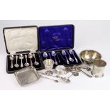 Mixed silver. A collection of mixed silver, including teaspoons, sugar tongs, bowl, tray etc.,