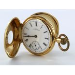 18ct cased half hunter pocket watch by Waltham (circa 1892/3). The signed white dial with black