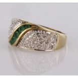 9ct yellow gold emerald and diamond dress ring, finger size O, weight 3.9g