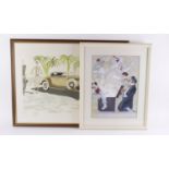 Art Deco, Motoring numbered print 48/175 & Clowns by Robert Owen glazed & framed. (2)