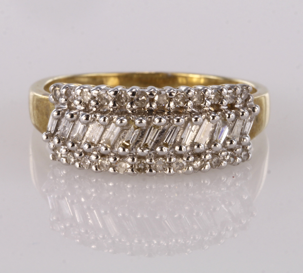 9ct yellow gold diamond half eternity band ring set with a centre row of baguette cut diamonds