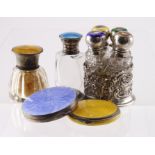 Six silver & white metal enamel items, comprising three compacts, two small jars & a four piece
