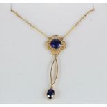 9ct yellow gold necklace set with Sapphires on fine chain with bolt ring clasp, weight 2.8g