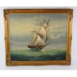 Oil on Canvas depicting a Clipper Ship at high sea. signed bottom right (Bail/Baily?). In gilt