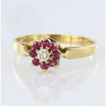 9ct yellow gold ruby and diamond cluster ring, finger size O, weight 3.0g