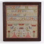 Childs Sampler. A childs sampler, circa late 19th Century (?), decorated with animals, trees etc.,
