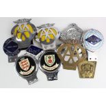 Ten car badges, including Riley Motor Club, AA, Regarde St Christophe etc.