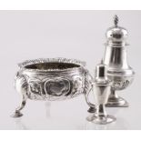 Mixed lot of silver, comprising a Victorian open salt, worn marks; a pepper, hallmarked "Birm. 1898"