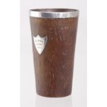 Derry (Londonderry) Cathedral wooden beaker, probably has silver plated mounts. Reads on the