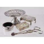 Mixed silver / white metal to include, Sugar tongs, napkin ring, pill box, small table & sweet?