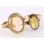 Two 9ct yellow gold rings, one cameo and one citrine. Weight 5.7g