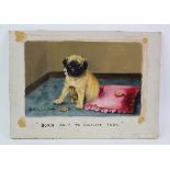 Adrienne Lester (1870-1950) British. Depicting a small dog sitting by a pink cushion.Signed (lower