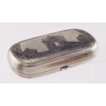 Russian silver & niello snuff box, depicting the Triumphal Gate, Tverskaya Zastava Square in Moscow,