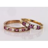 Two 9ct half eternity rings to include a yellow gold ruby and cz ring, and a rose gold pink topaz