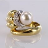 18ct yellow gold dress ring set with a single cultured pearl and diamond accents, finger size O,
