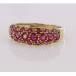 9ct yellow gold ruby three row band ring, finger size S, weight 2.6g
