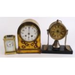 Two brass mantel clocks & a brass five glass carriage clock, largest 21cm approx. (all untested)