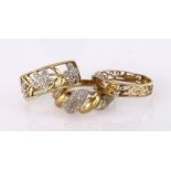 Three 9ct yellow gold band rings, two set with diamond points, weight 6.3g