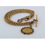 9ct "T" Bar pocket watch chain with an Edward VII Half Sovereign dated 1902 attached . Length approx
