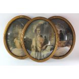 Three etched (?) period portraits of young ladies. Mounted in oval convex gilt frames. Each measures