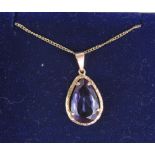 9ct yellow gold pear shaped pendant set with a single sinthetic "alexandrite" (corundum) on a fine