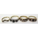 Four 9ct yellow gold band rings set with sapphire, diamonds and some paste stones, weight 9.1g
