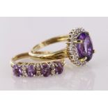9ct yellow gold amethyst and diamond cluster ring, finger size K, weight 2.5g. 9ct yellow gold