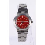Ladies stainless steel cased Omega Dynamic automatic wristwatch circa 1970s. The red dial with white