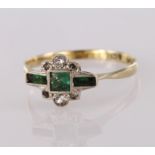 9ct and Plat stamped Ring set with Emeralds and Diamonds size S weight 1.4g