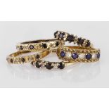 Five 9ct yellow gold half eternity rings set with sapphire, diamonds and paste, weight 7.5g