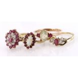Four 9ct yellow gold rings set with rubies and mixed gemstones, weight 9.5g