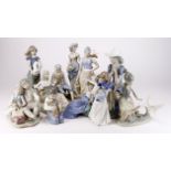 Seven Lladro & Nao figures, tallest 27cm approx., together with three other similar by Roumano &