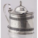 Edinburgh bright-cut silver mustard pot with blue glass liner, "hallmarked Mcc, Edinburgh 1791",