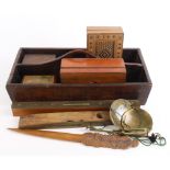 Oak tray containing several items, including spirit levels by Hockley Abbey & J. Rabone, pen knives,