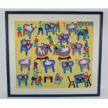 Original Chinese peasant painting (Xian) depicitng young children in nursery chairs. Framed and