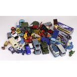 Diecast. A box of playworn diecast toys, including Dinky, Corgi etc.