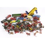 Diecast. A quantity of playworn diecast toys & plastic figures, including Dinky, Corgi, Lonestar