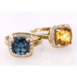 9ct yellow gold London blue topaz and diamond cushion shaped cluster ring, finger size K, weight 3.