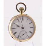 Gents 18ct gold open face pocket watch. The white dial with roman numerals and subsidiary second