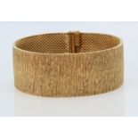 9ct yellow gold wide cuff bracelet with mesh link one side and textured other side, and a hidden