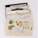 Various old postcards inc embossed coin and stamp themed, poems, etc. plus few moderns. (approx 23