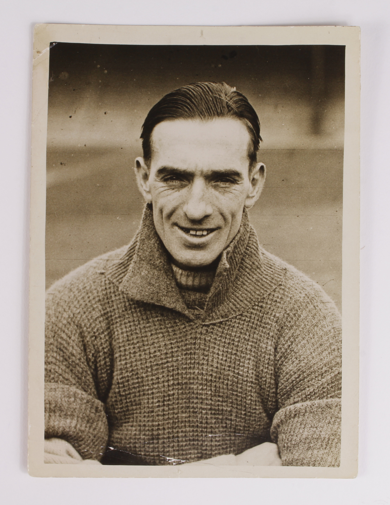 Cardiff City Jimmy Gill (6"x4.5") b&w press photo, head / shoulders. In training gear c1924/25. Gill