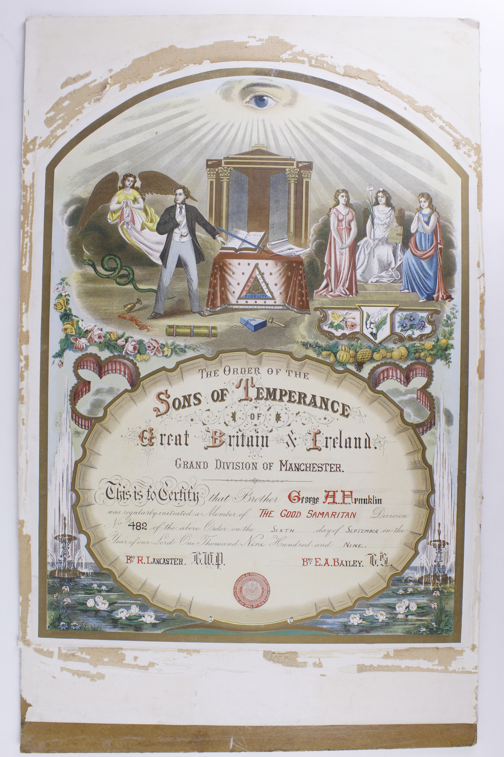 Sons of Temperance card Certificate, dated 6th September 1909, and a framed Order of Foresters