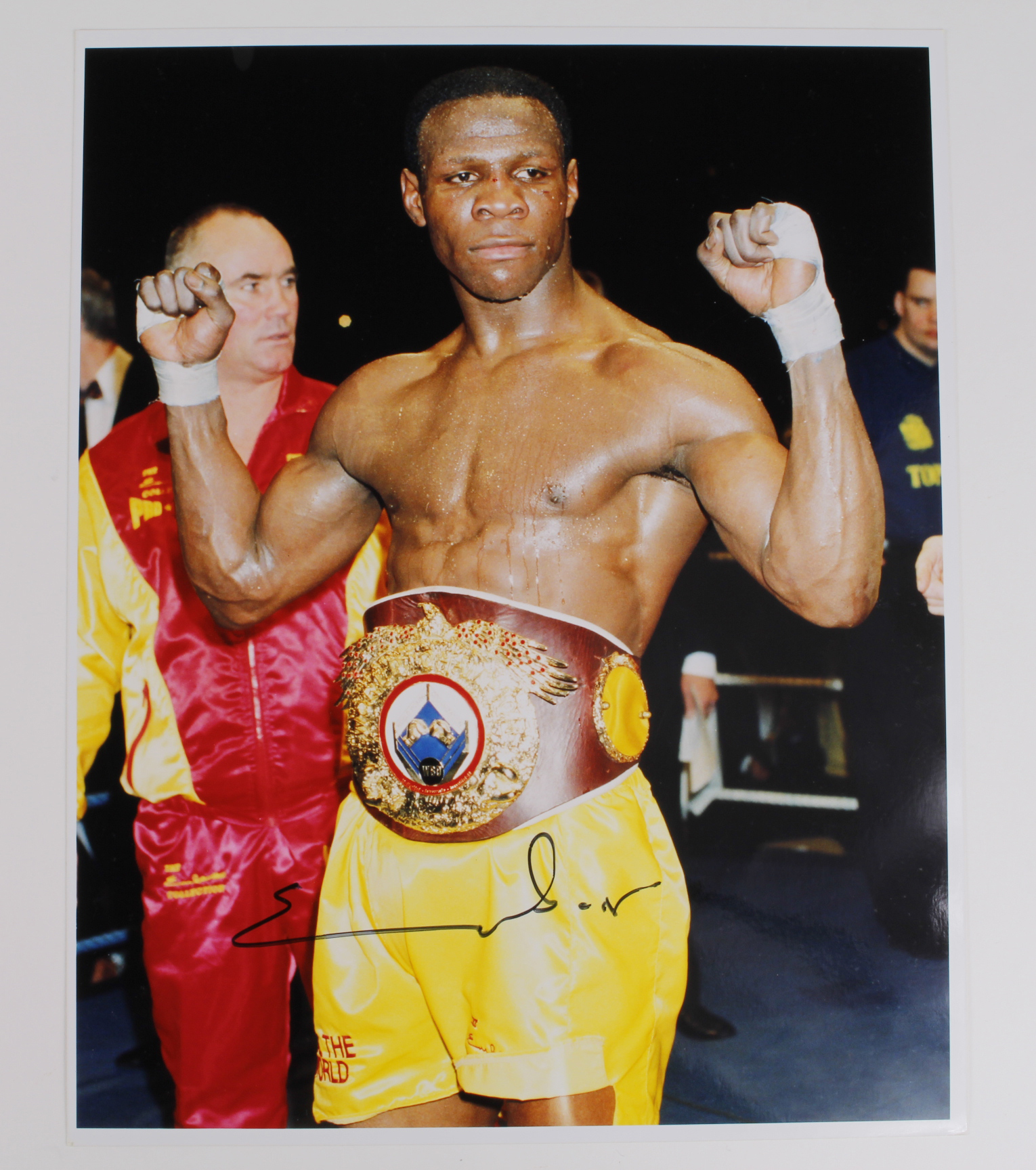 Boxing excellent high quality colour 10"x8" hand signed Chris Eubank image, in the ring after