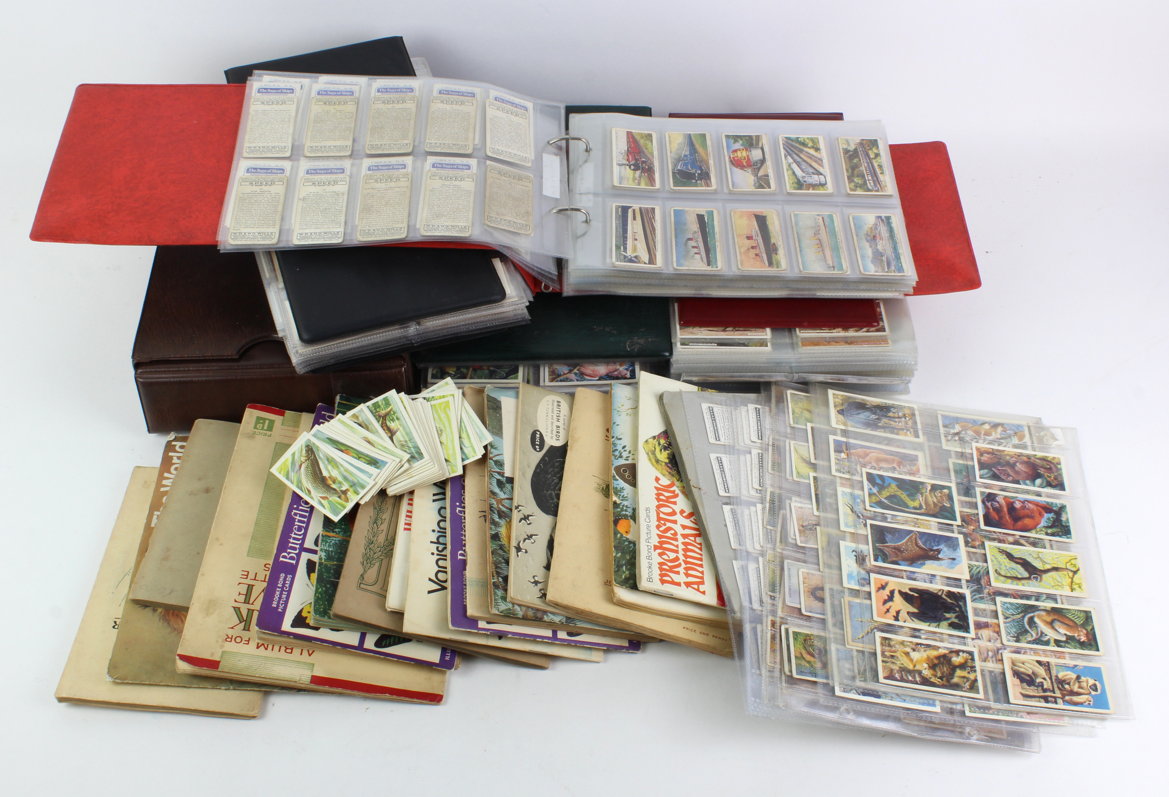 Crate containing collection of cards in 4 modern albums, loose pages, slip in albums & stuck in