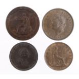 GB Copper & Bronze (4): Cartwheel Penny 1797 GVF edge knock, Penny 1825 GVF, Penny 1888 EF with