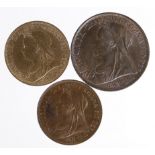 GB Bronze (3) Queen Victoria veiled head: Penny 1901 GEF, Halfpenny 1895 GEF, and Halfpenny 1901 EF