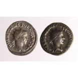 Roman Imperial (2) antoniniani: Herrennius Etruscus Pietas sacrificial implements type RIC 143