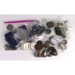 GB & World Coins, Tokens, Reproductions etc; a quantity in a box, 19th to 20thC, a little silver
