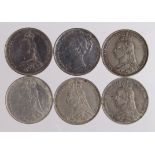 GB Shillings (6): 1885, 1888, 1889, 1890, 1891, and 1892, VF to EF